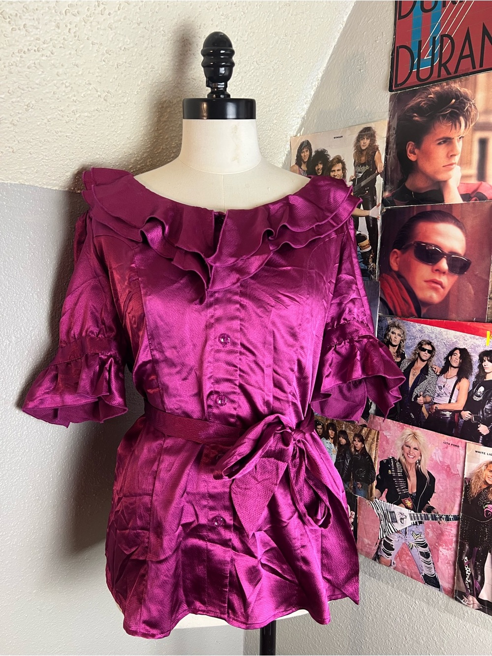 Candie's Satin Blouse in Deep Magenta